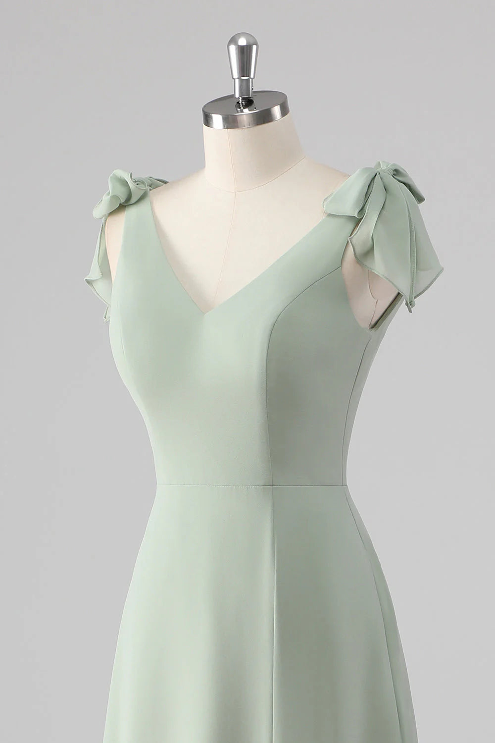 Sage Green A Line V Neck Bow Tie Straps Long Bridesmaid Dress with Slit