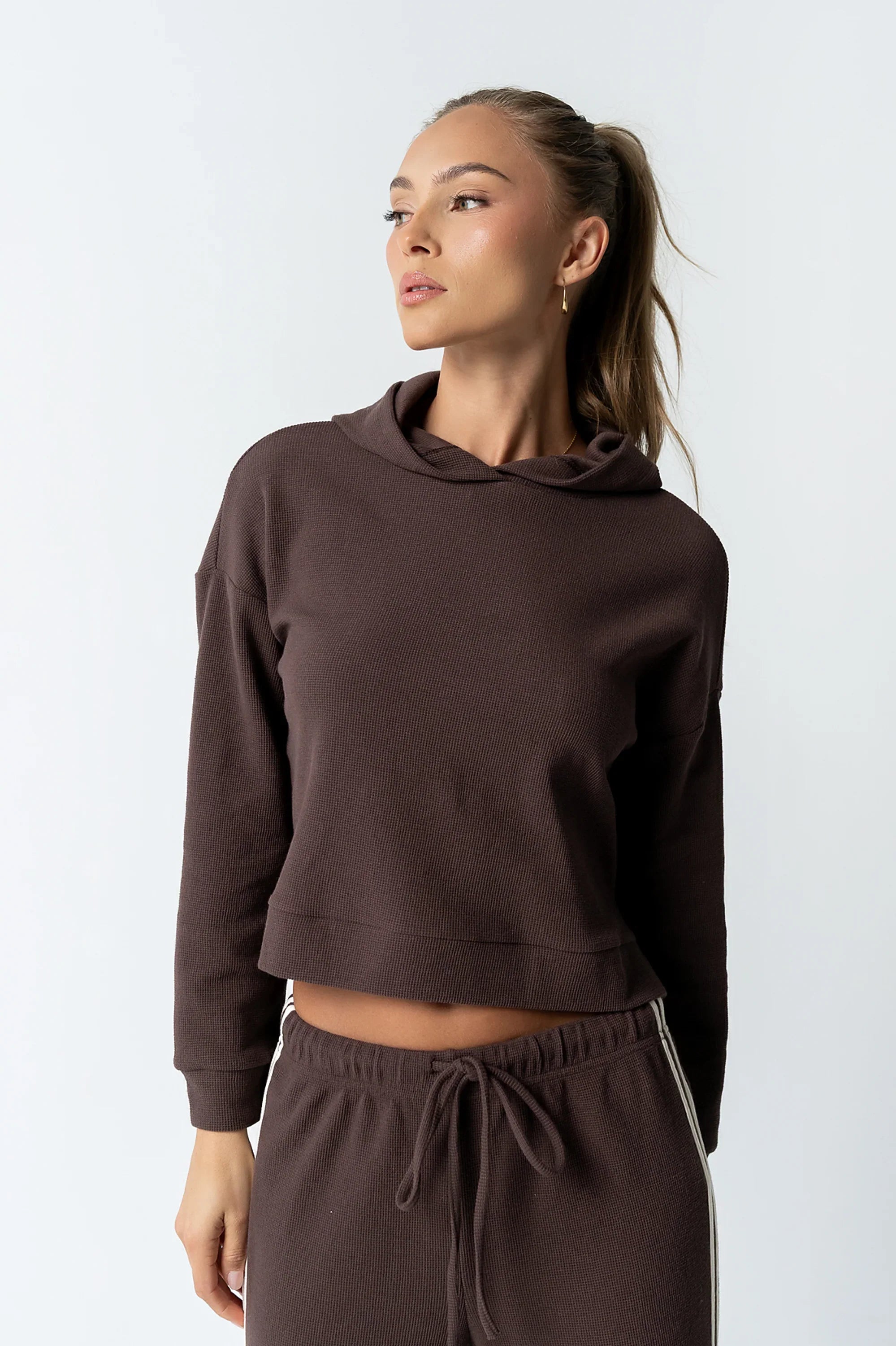 Kourtney Waffle Knit Hoodie in Brown
