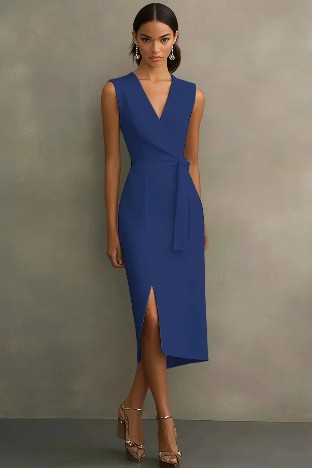 White Satin V Neck Work Dress with Belt