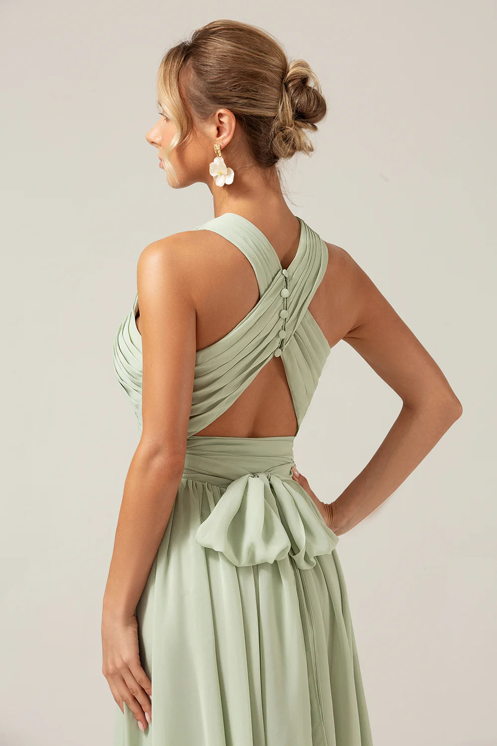 Dusty Sage A Line Halter Pleated Long Maternity Bridesmaid Dress