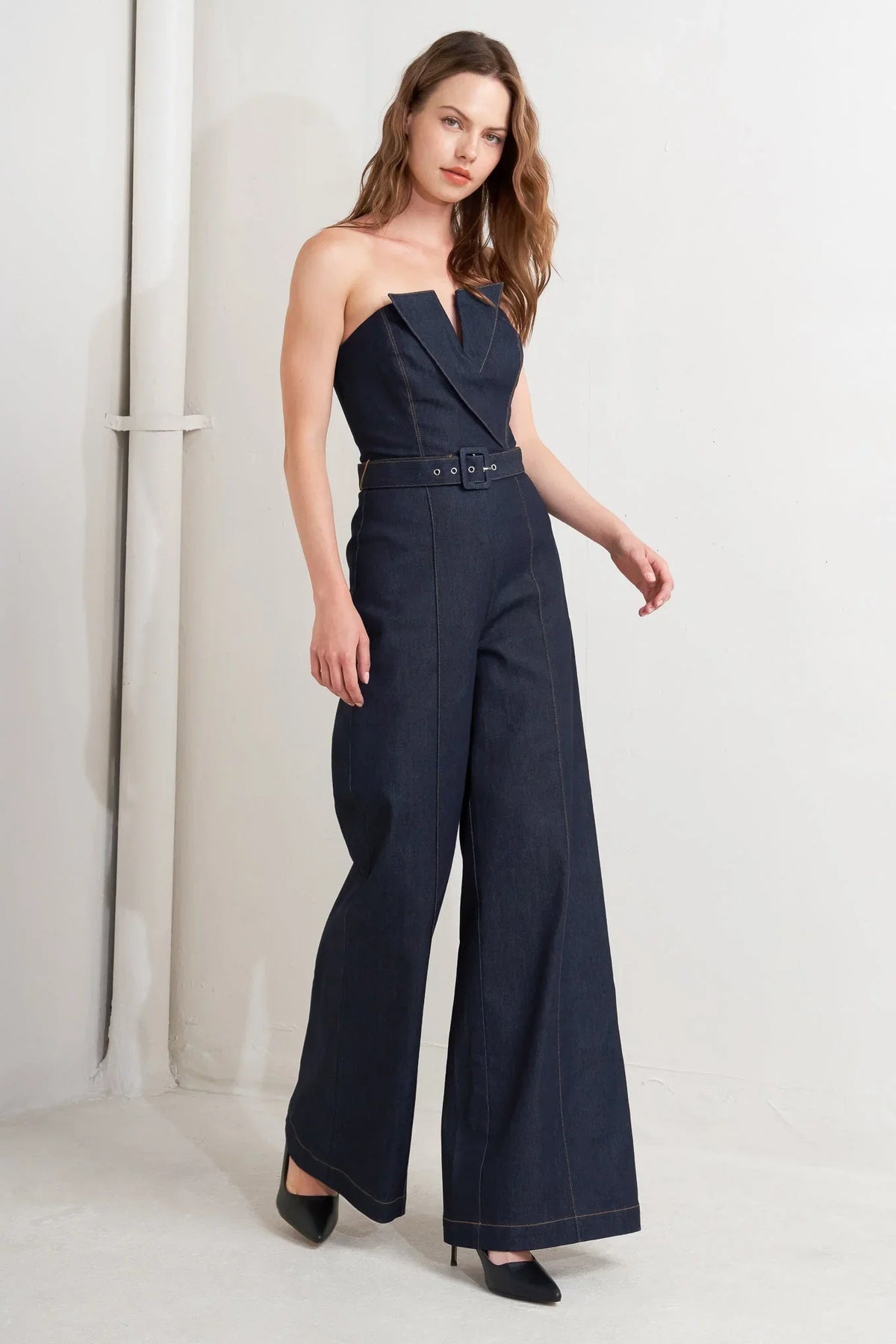 LE BONHEUR V CUT VOW DENIM JUMPSUIT FINAL SALE