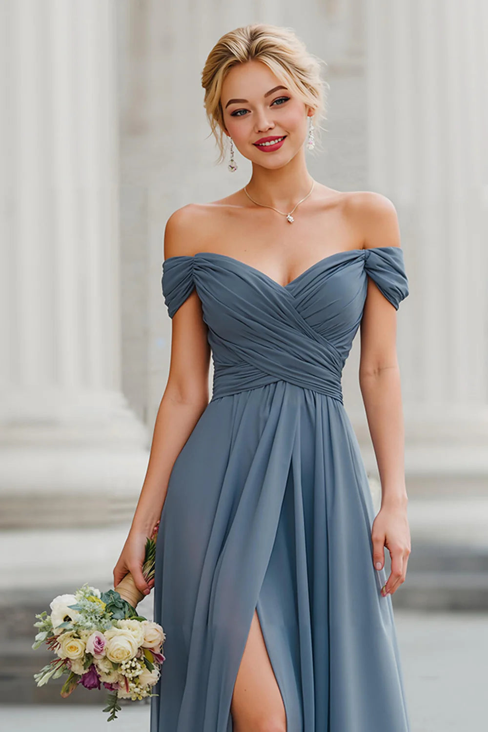 Off The Shoulder Twilight A Line Long Bridesmaid Dress with Slit