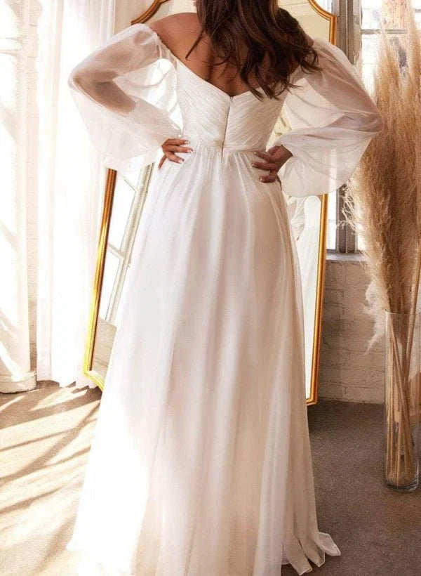 A Line Off the Shoulder Long Sleeves Chiffon Floor Length Wedding Dress
