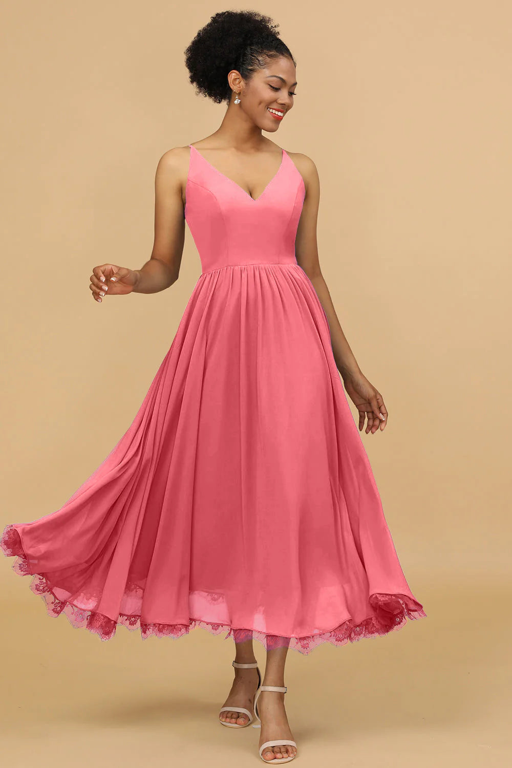 A Line Spaghetti Straps Long Chiffon Bridesmaid Dress with Ruffles