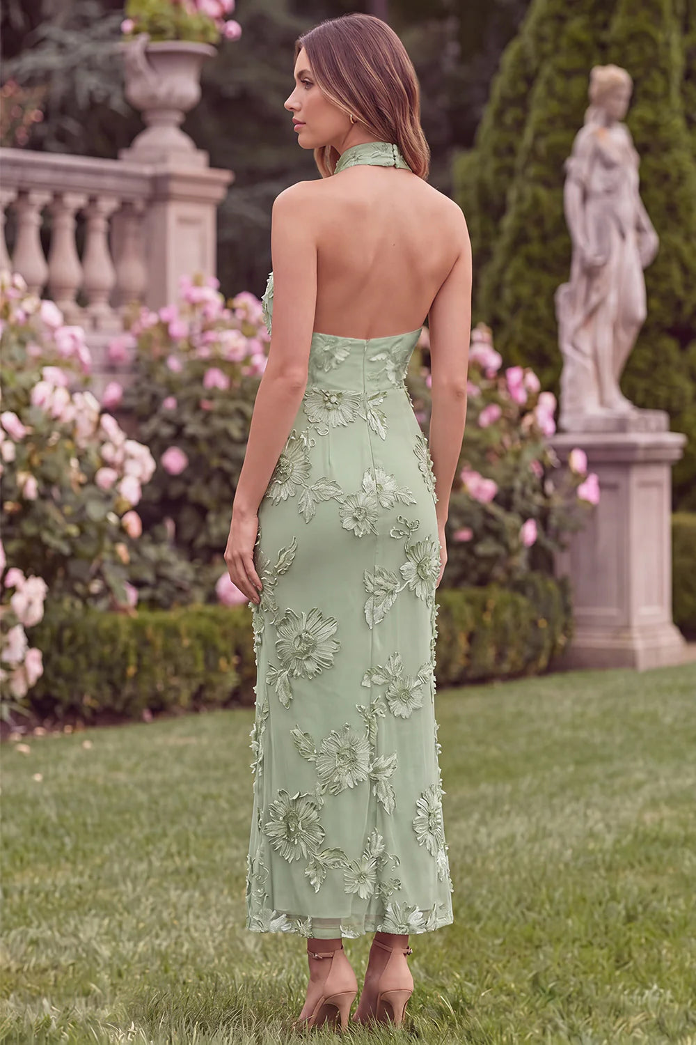Halter Sage Mermaid Floral Wedding Guest Dress with Scarf