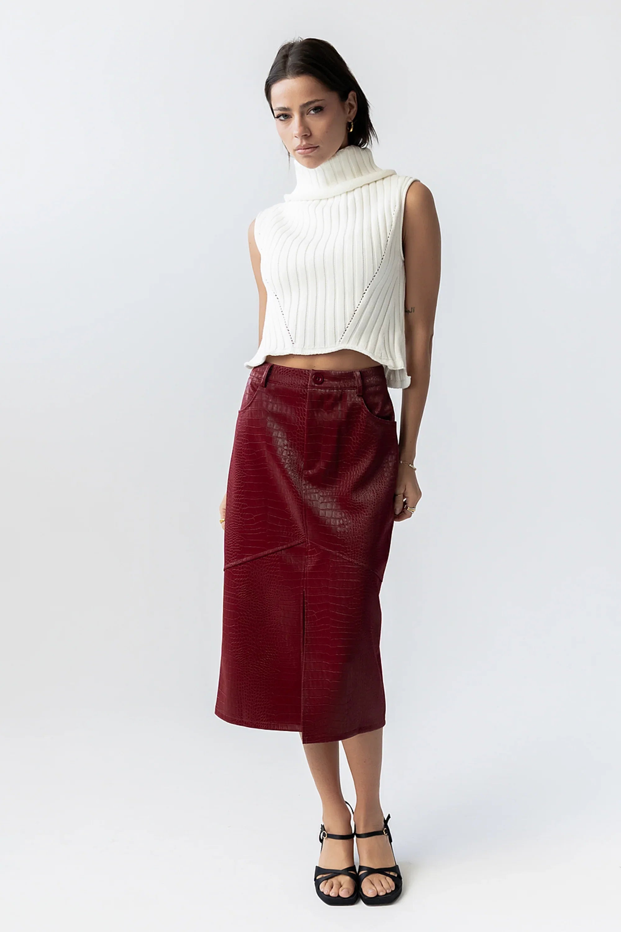 Walter Vegan Leather Midi Skirt in Wine