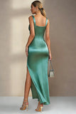 Emerald Green Sheath Square Neck Satin Midi Formal Dress with Slit