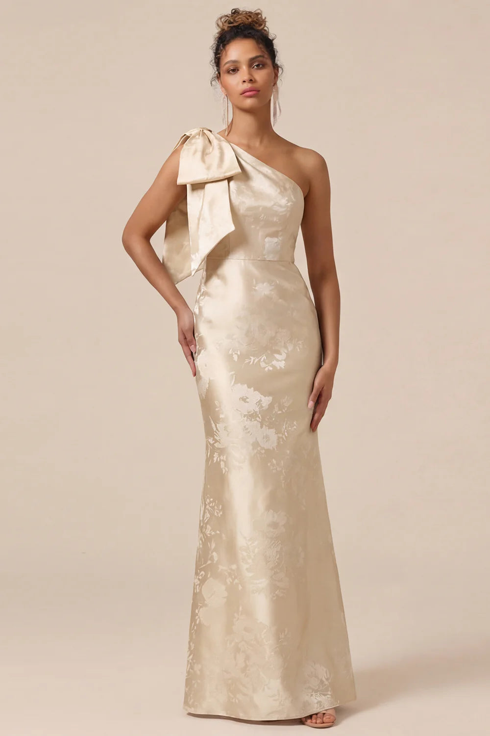 Blush Pink Mermaid One Shoulder Floral Long Bridesmaid Dress with Bow