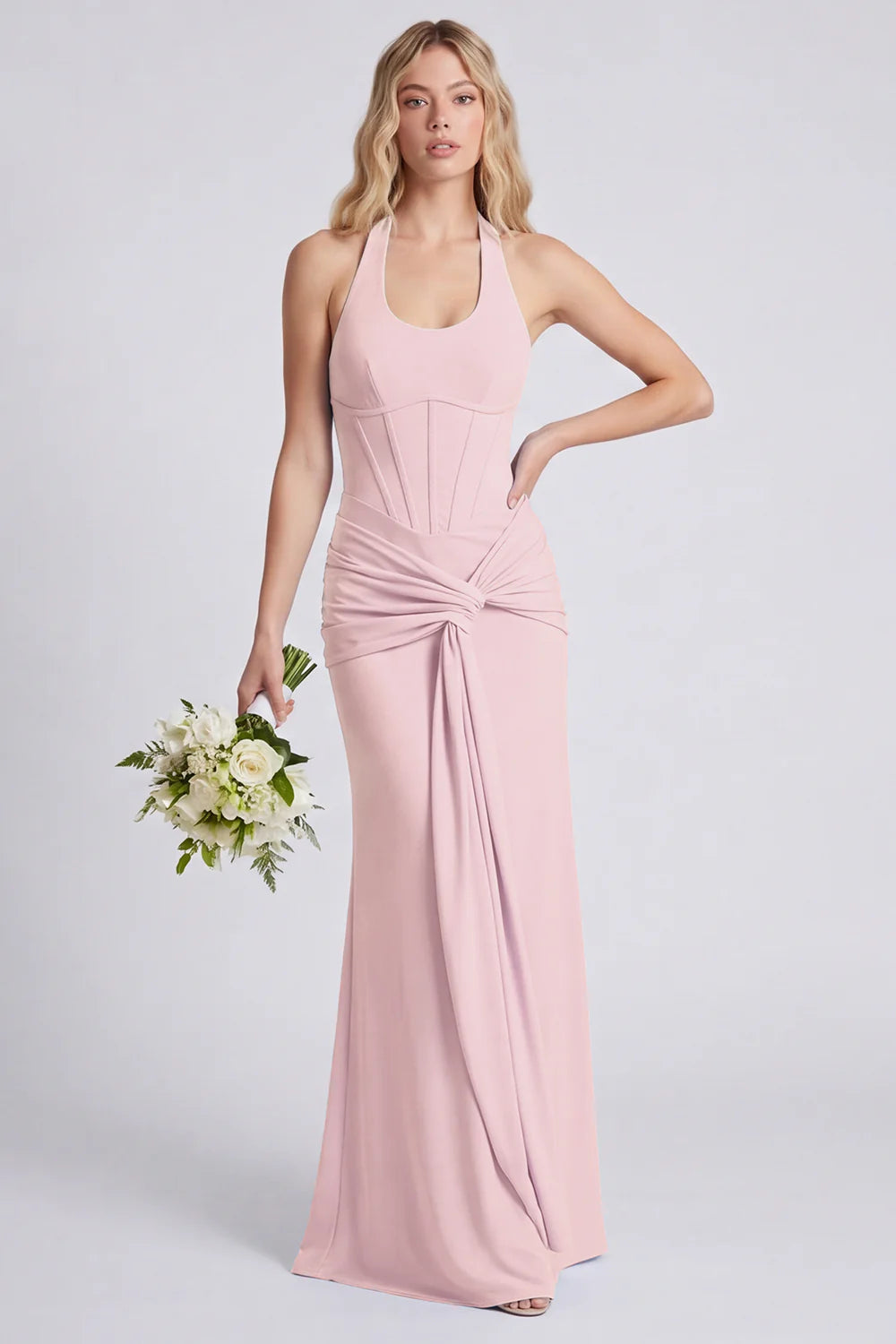 Light Blue Halter Ruched Mermaid Corset Bridesmaid Dress