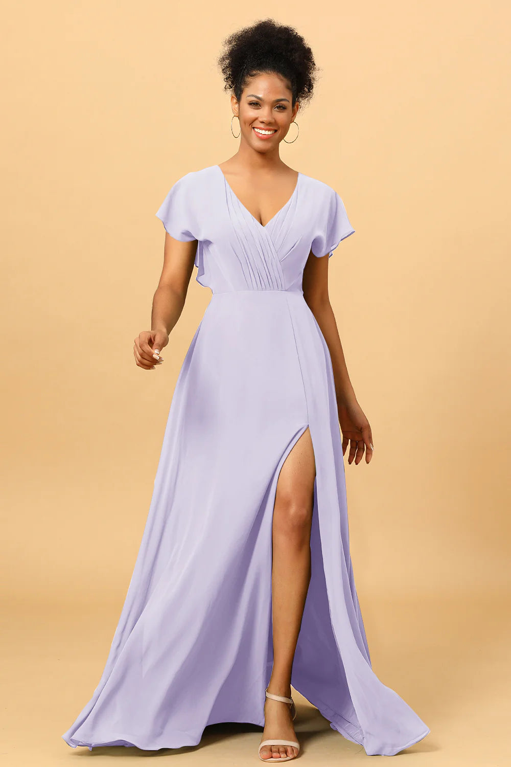 A Line V Neck Ruched Chiffon Bridesmaid Dress with Slit