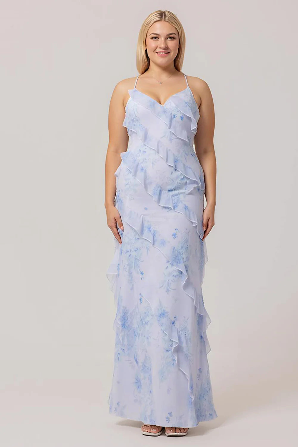 Blue Sheath Backless Print Floral Long Plus Size Bridesmaid Dress with Lace Up Back