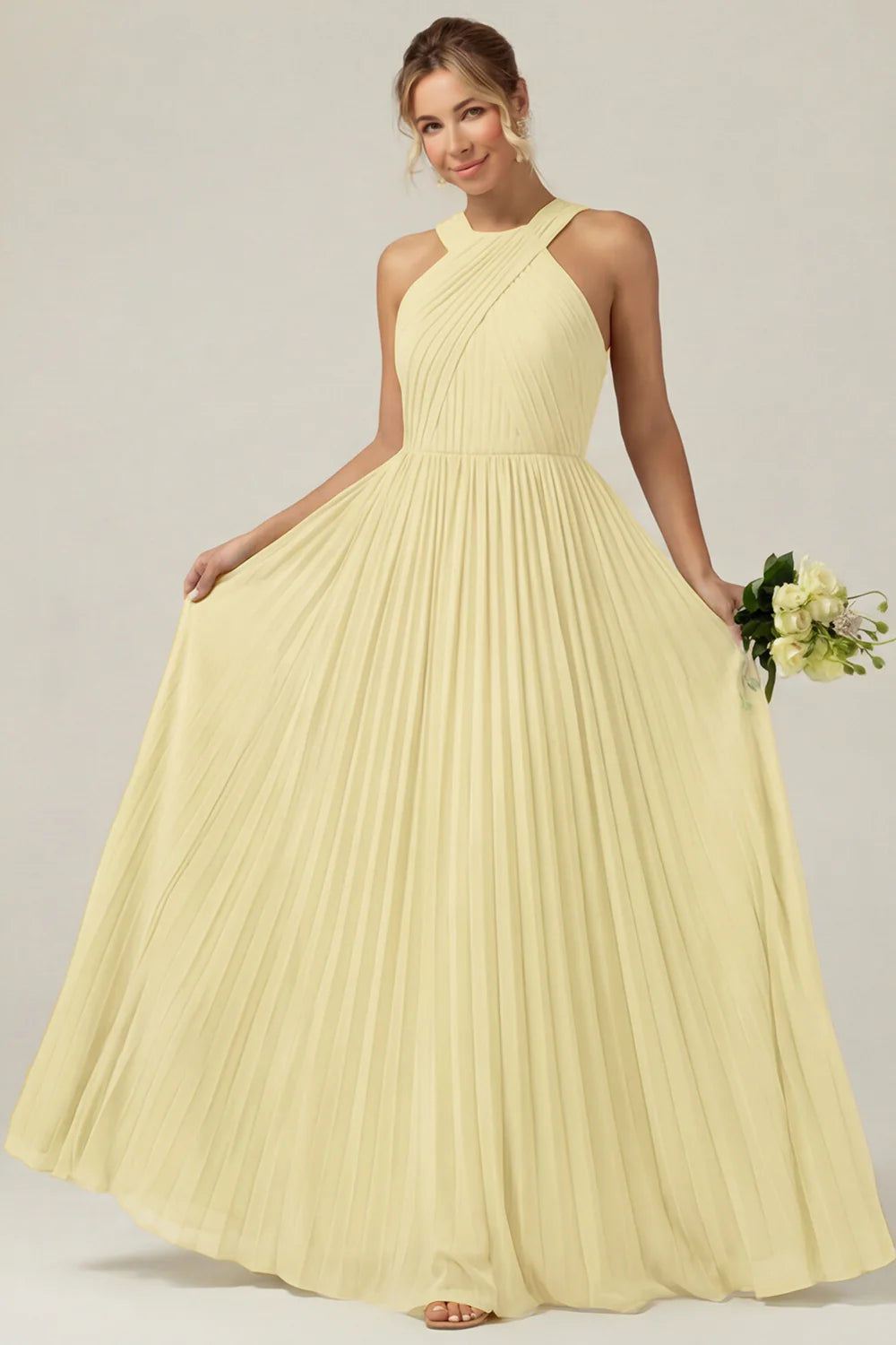 Dusty Sage A Line Halter Pleated Long Bridesmaid Dress