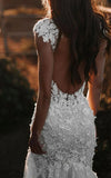 Boho Mermaid Wedding Dress Floral V neck Casual Gown with Open Back and Lace Appliques