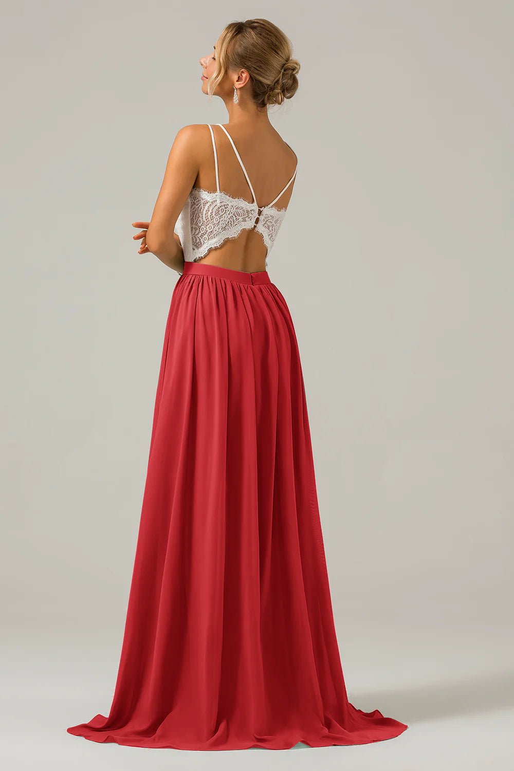 A Line Spaghetti Straps Pleated Long Bridesmaid Dress With Lace