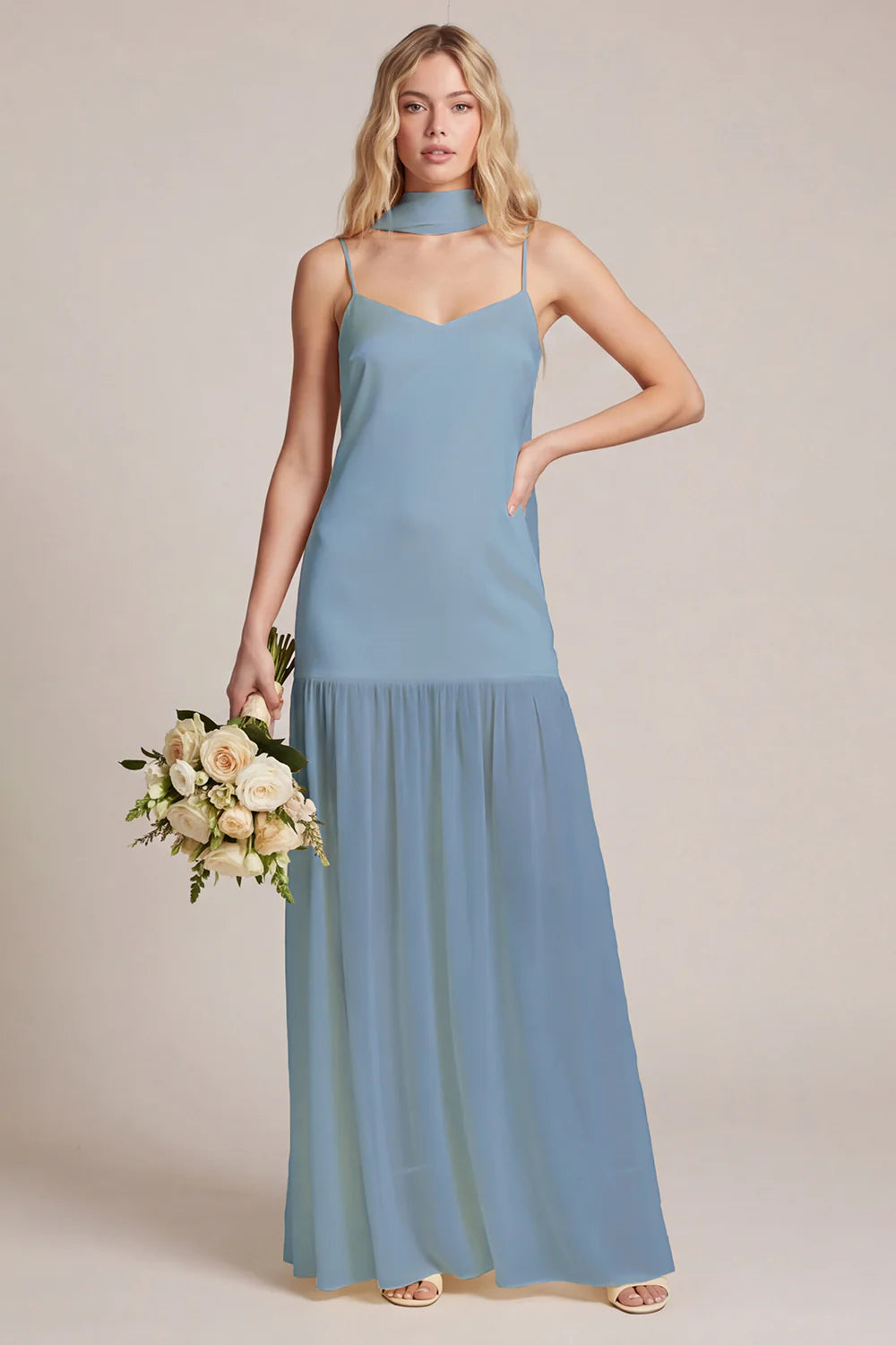Daffodil Satin Spaghetti Straps Bridesmaid Dress with Scraf