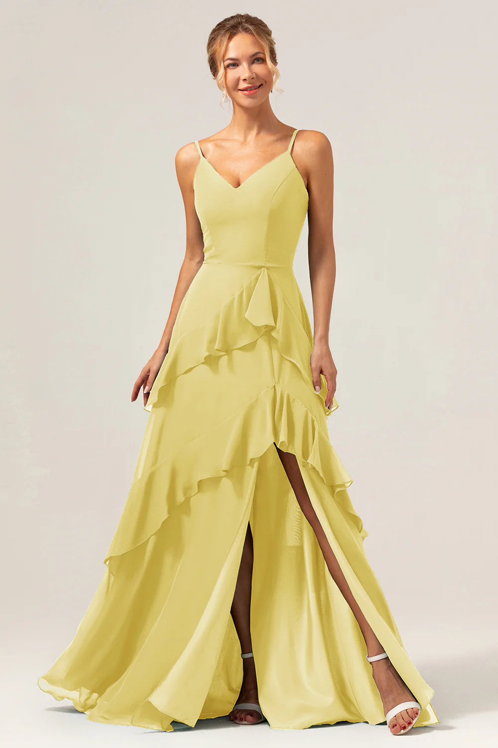 Dark Green A Line Spaghetti Straps Ruffled Chiffon Floor Length Bridesmaid Dress with Slit
