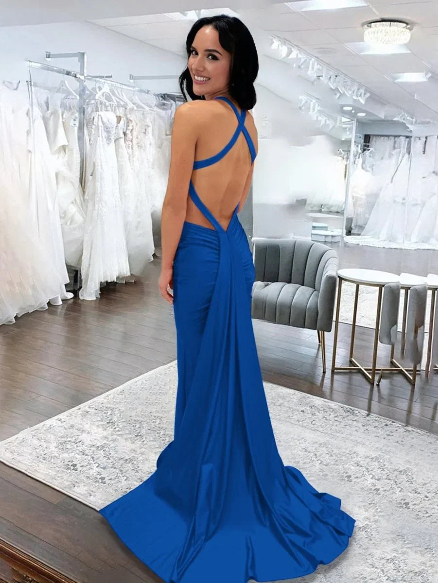 Angela Mermaid Pink V Neck Backless Satin Long Prom Dress