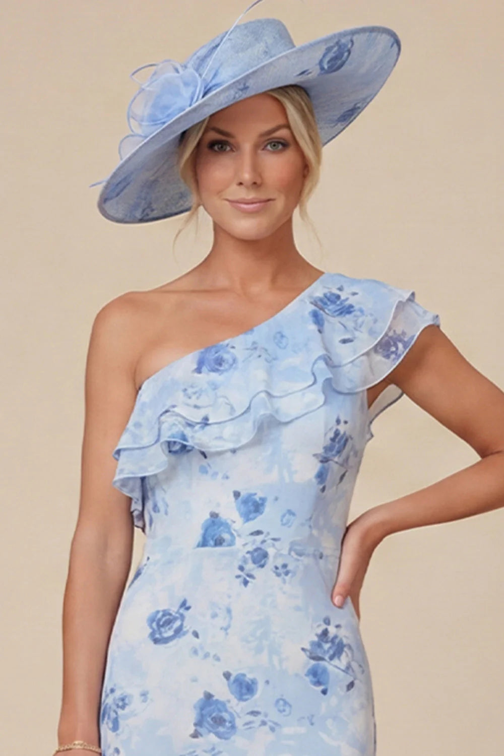 Light Blue Floral Mermaid Ruffled One Shoulder High Low Mother of the Bride Dress