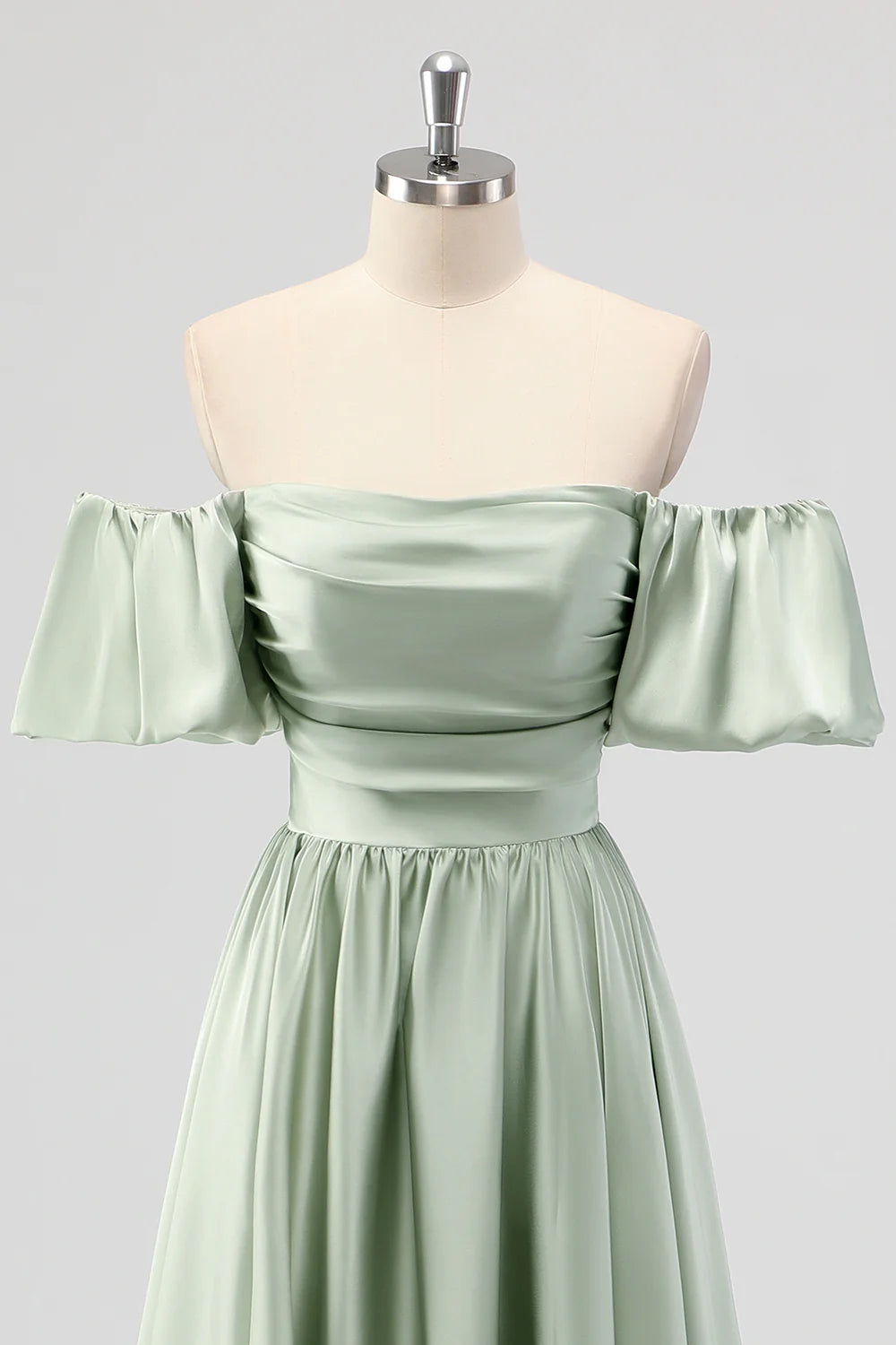 Sage Green A Line Off The Shoulder Ruched Satin Midi Dress