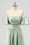 Sage Green A Line Off The Shoulder Ruched Satin Midi Dress