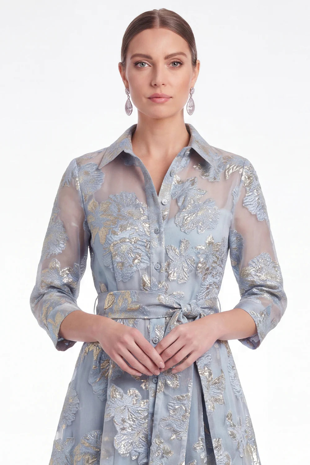 Gold Floral Jacquard A Line Collar Mother of the Bride Dress with 3 4 Sleeves