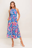 SOLANA MIDI DRESS BLUE PINK FLORAL HALTER DRESS