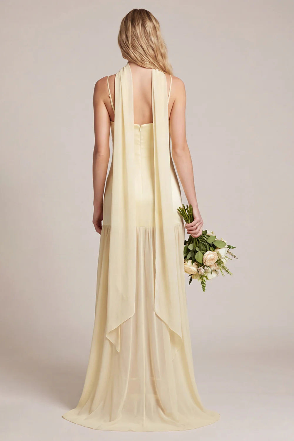 Daffodil Satin Spaghetti Straps Bridesmaid Dress with Scraf
