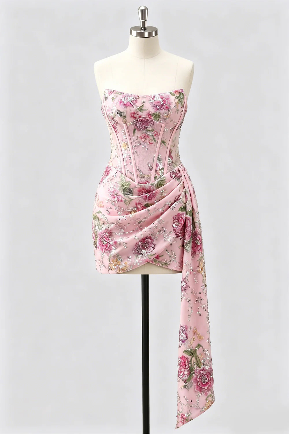 Strapless Pink Bodycon Corset Floral Sequin Homecoming Dress with Sash