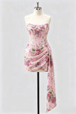 Strapless Pink Bodycon Corset Floral Sequin Homecoming Dress with Sash