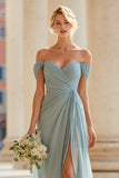 Off The Shoulder Grey Blue A Line Pleated Long Bridesmaid Dress with Slit