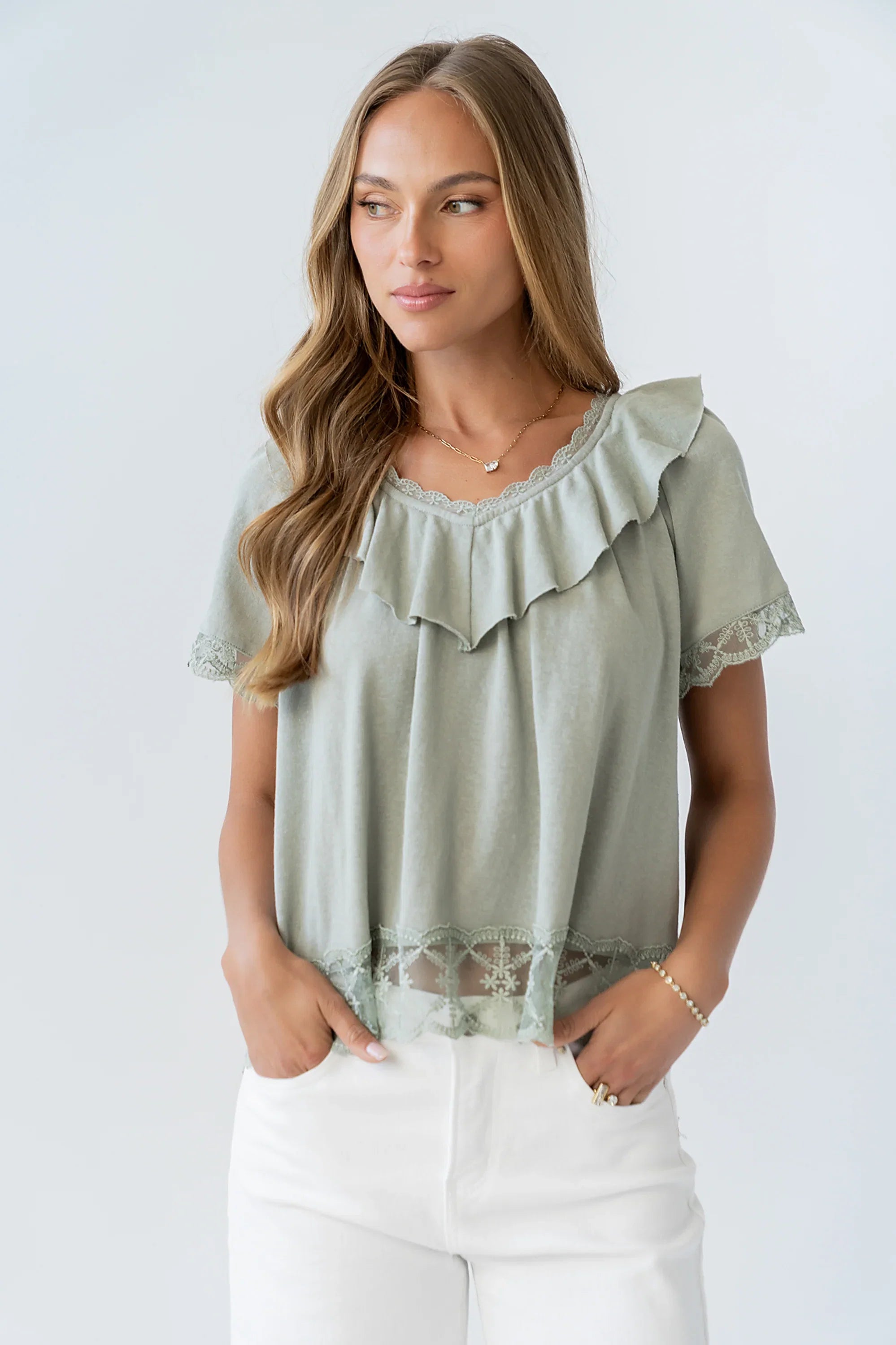 Lilian Lace Trim Top in Sage