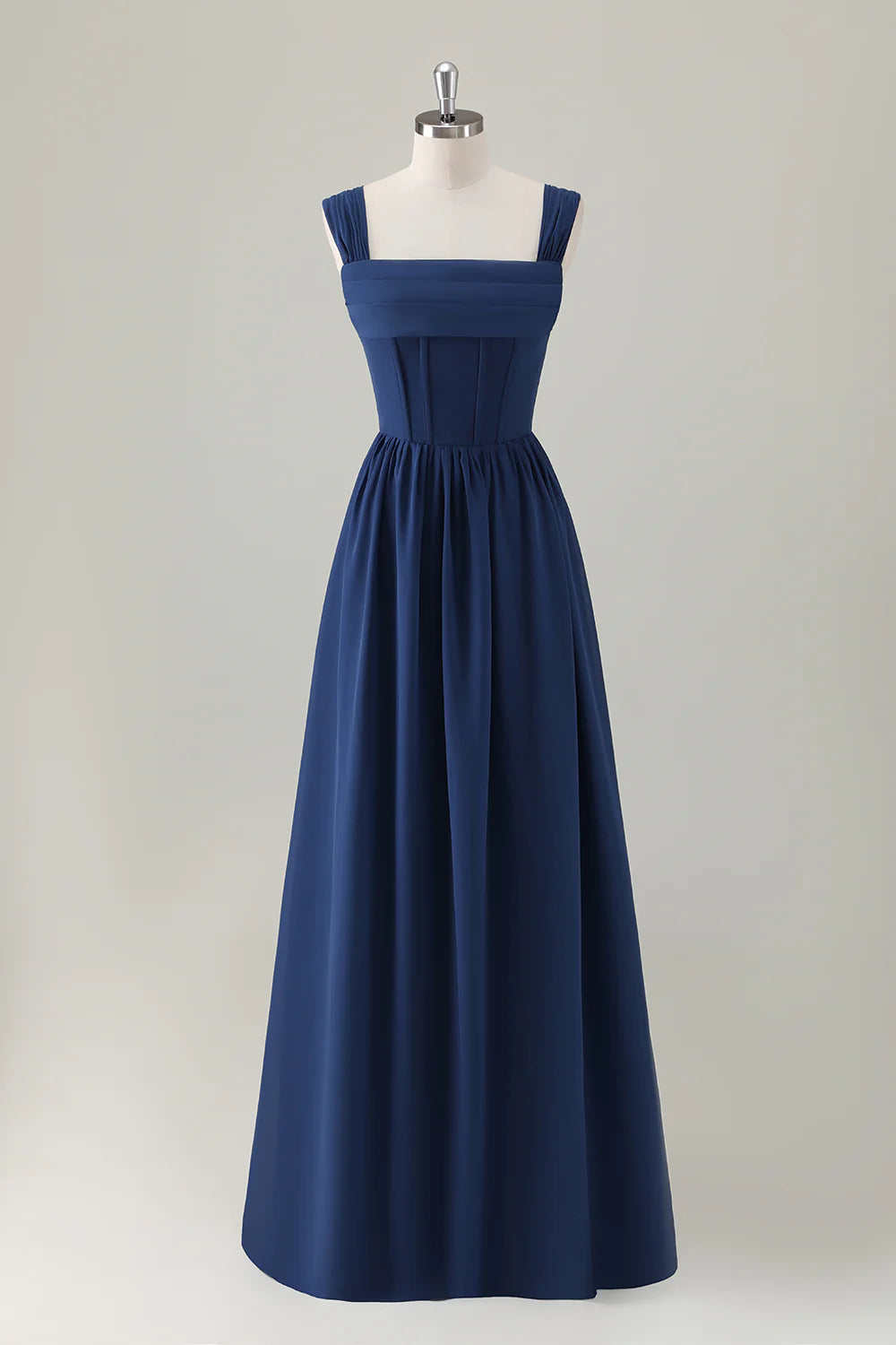 Dark Blue A Line Square Neck Corset Lace Up Back Chiffon Long Bridesmaid Dress
