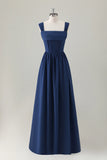 Dark Blue A Line Square Neck Corset Chiffon Long Bridesmaid Dress with Lace Up Back