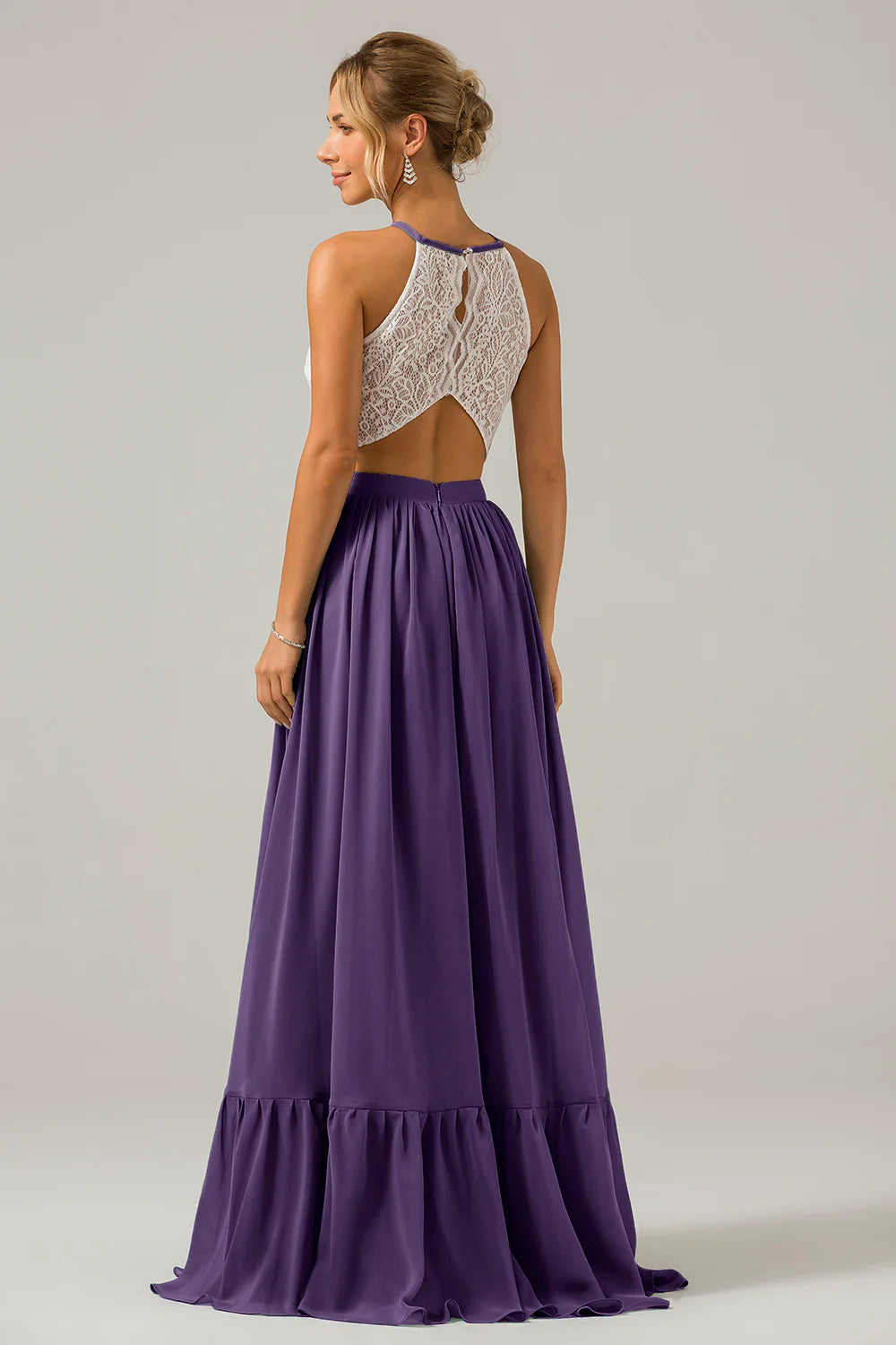 A Line Halter Pleated Keyhole Chiffon Bridesmaid Dress With Lace