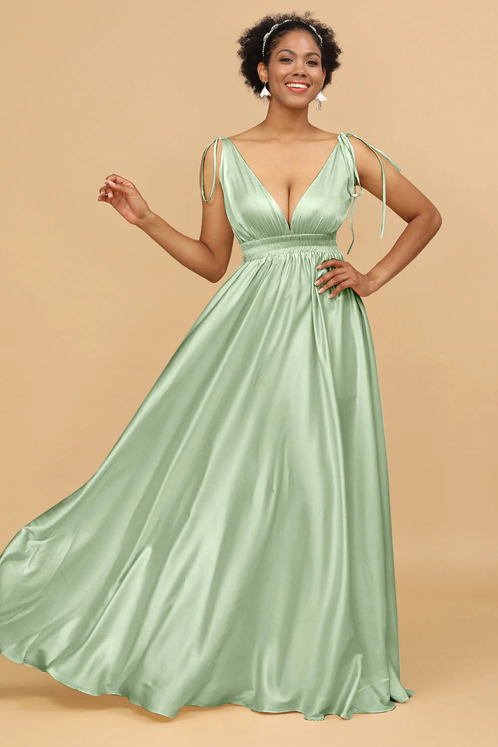 A Line Deep V Neck Backless Floor Length Bridesmaid Dress
