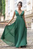 Dark Green A Line V Neck Pleated Chiffon Long Bridesmaid Dress with Lace Up Back