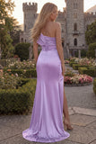Lilac One Shoulder Satin Mermaid Prom Dress with Slit