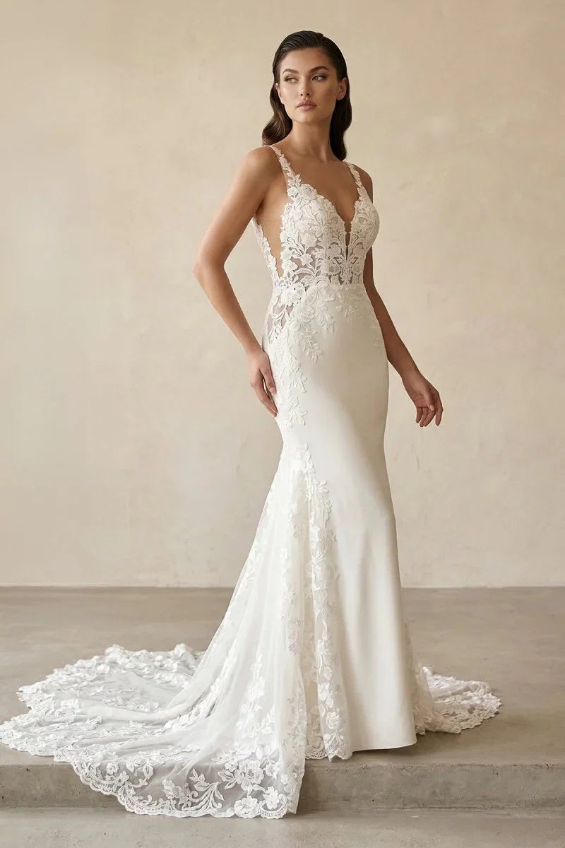 Mermaid V Neck Satin Wedding Dresses with Lace Appliques