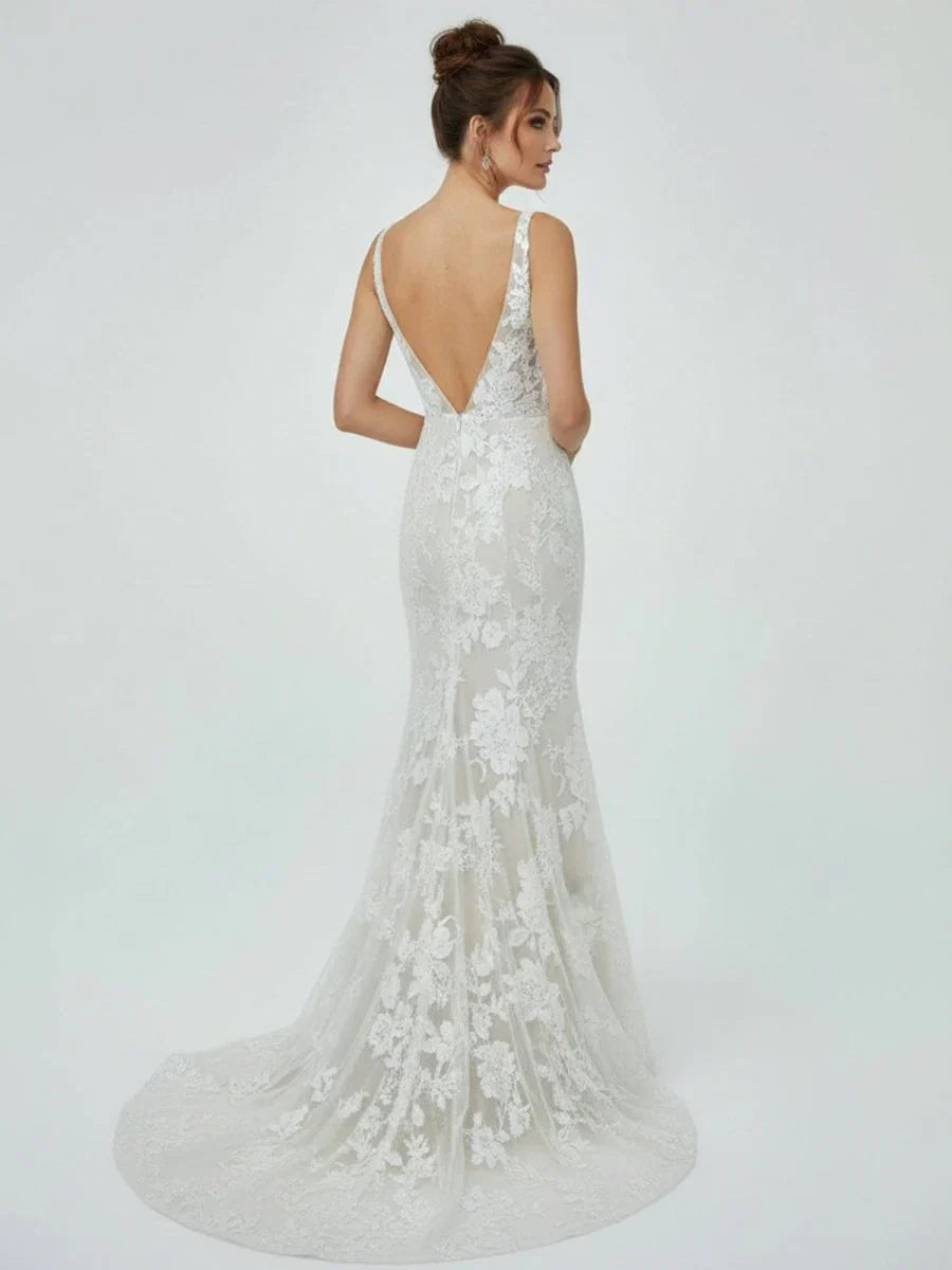 Floral Lace Appliques V Neck Sleeveless Mermaid Boho Wedding Dresses