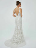 Floral Lace Appliques V Neck Sleeveless Mermaid Boho Wedding Dresses