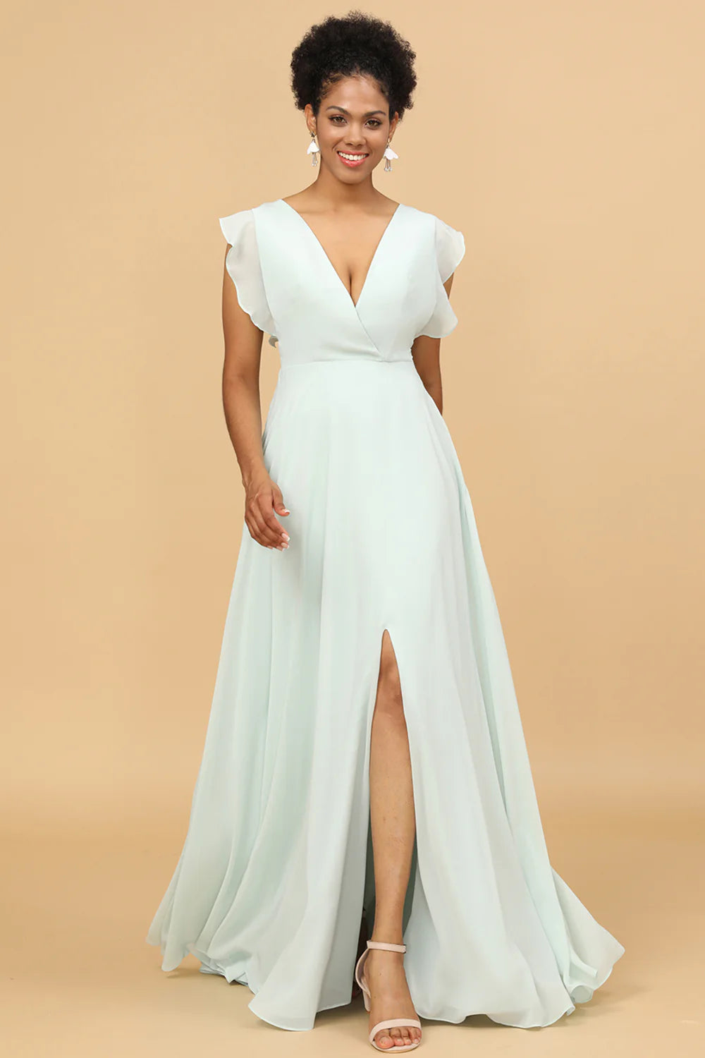 A Line V Neck Floor Length Chiffon Bridesmaid Dress with Slit