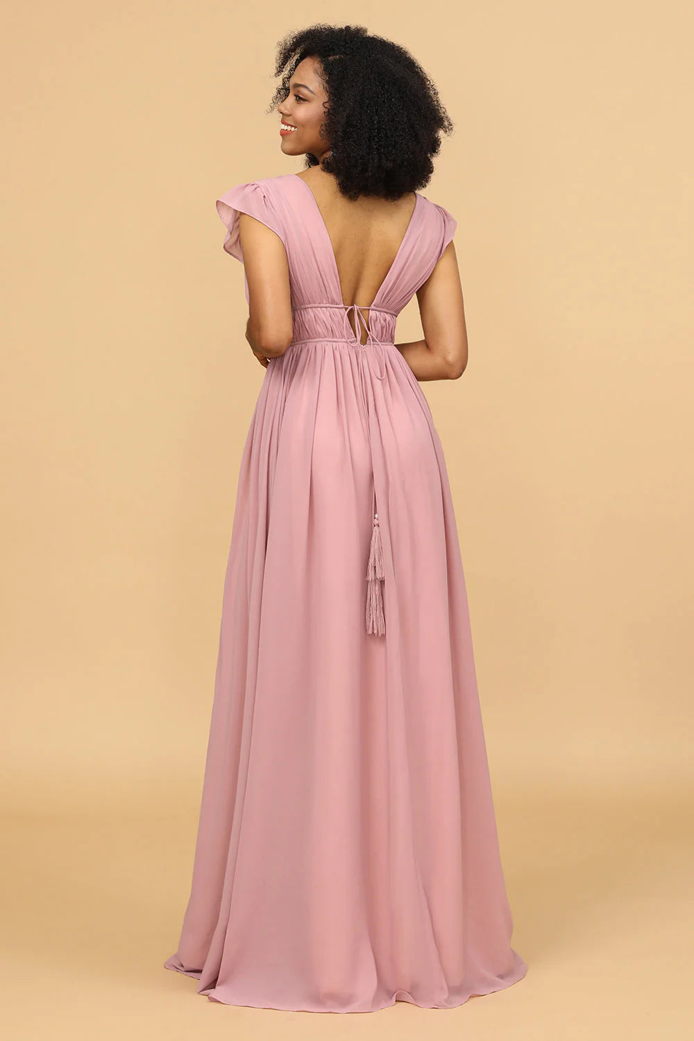A Line Deep V Neck Long Chiffon Bridesmaid Dress with Slit