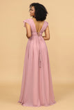 A Line Deep V Neck Long Chiffon Bridesmaid Dress with Slit