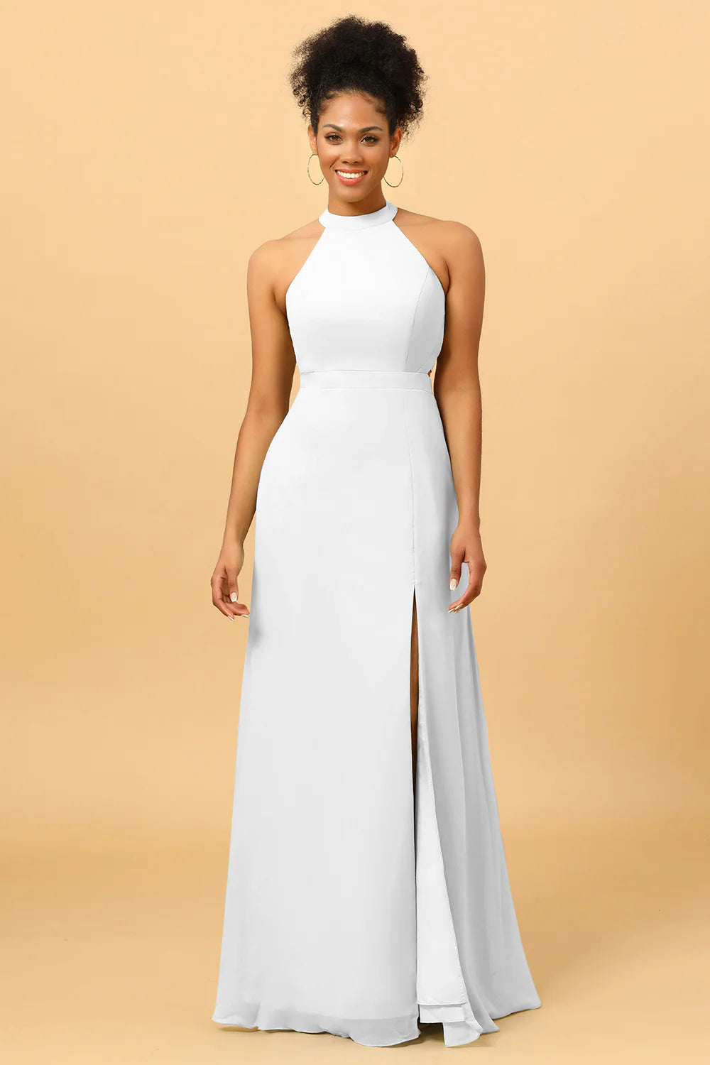 Sheath Halter Floor Length Open Back Chiffon Bridesmaid Dress with Slit
