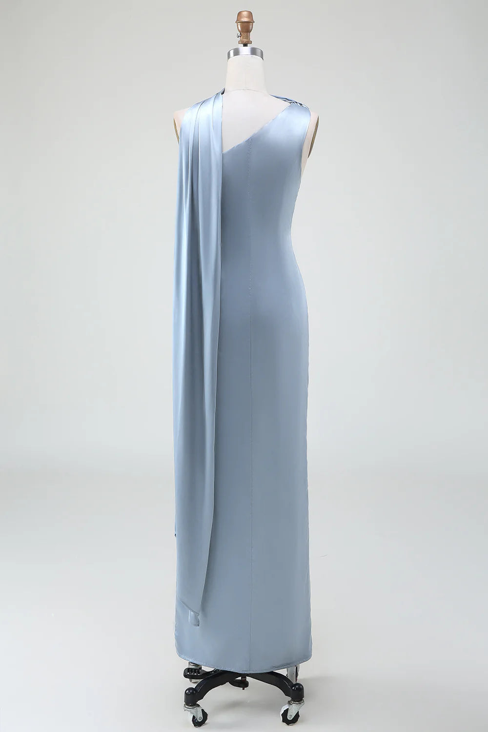 Dusty Blue Sheath One Shoulder Long Satin Bridesmaid Dress