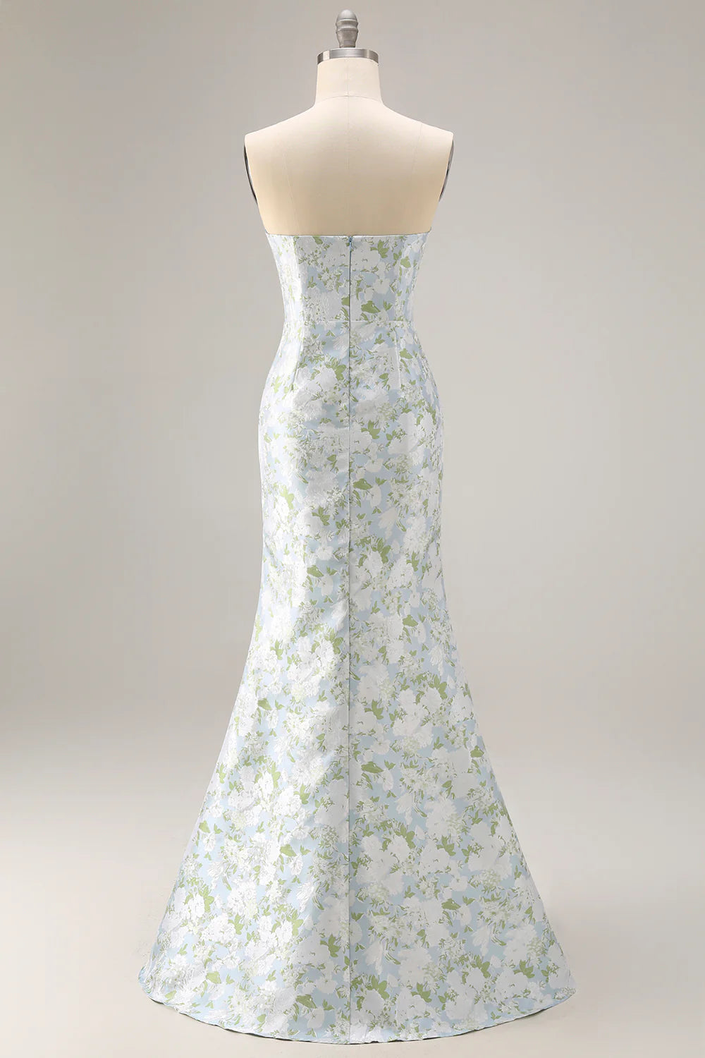 Blue White Flower Mermaid Strapless Satin Convertible Dress with Removable Sleeves