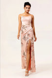 Blush Sheath Strapless Satin Print Long Flower Bridesmaid Dress with Slit