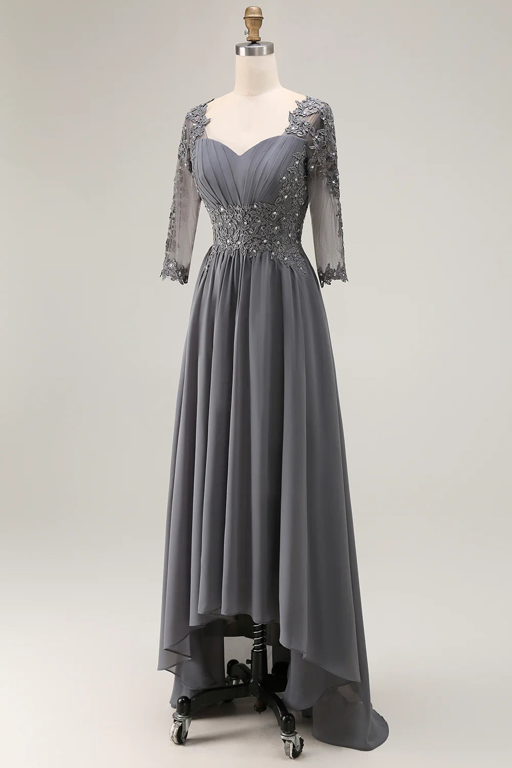 Steel Grey Appliqued A Line Half Sleeves Mother Of The Bride Dress with Back Keyhole