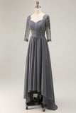 Steel Grey Appliqued A Line Half Sleeves Mother Of The Bride Dress with Back Keyhole
