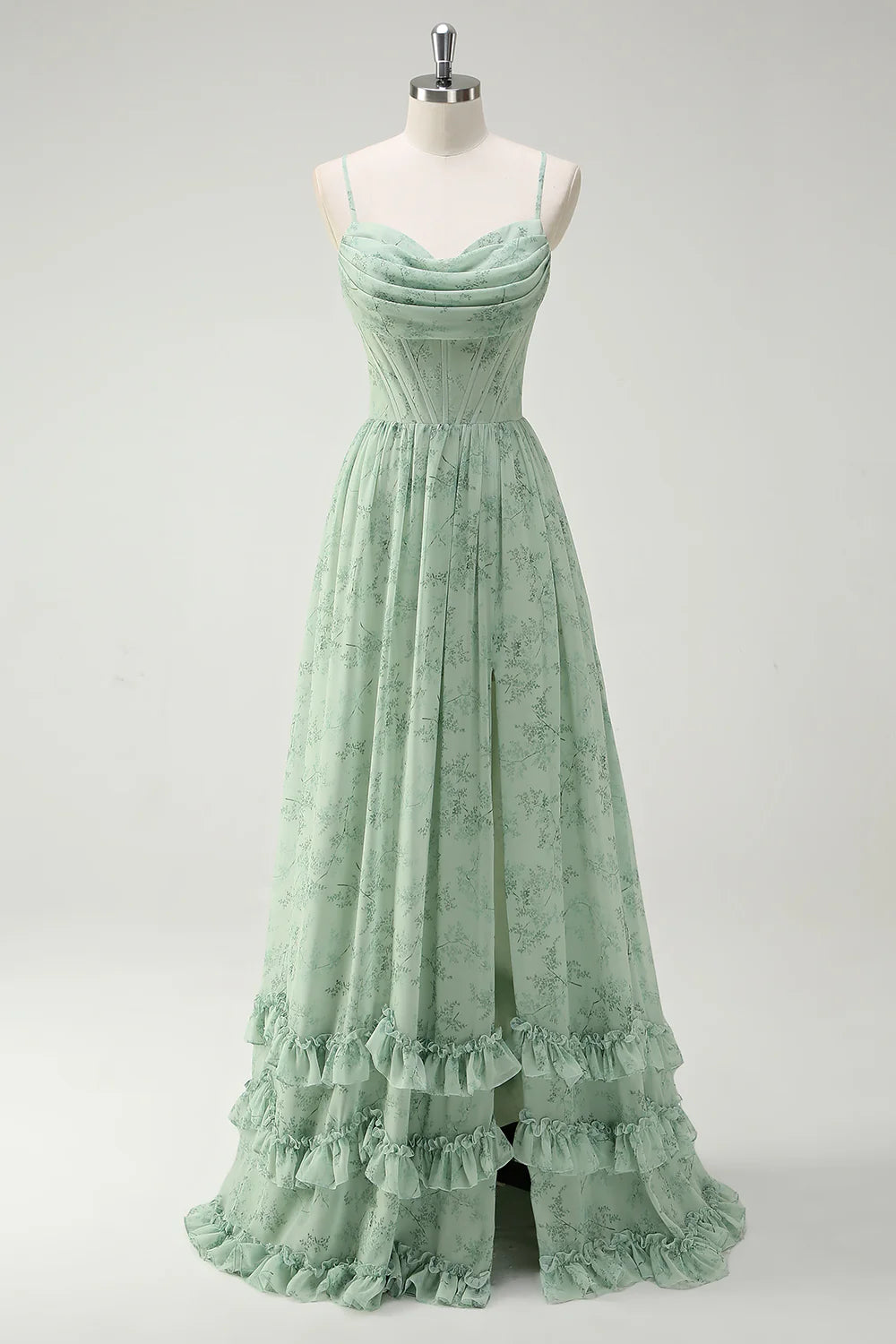 Green Floral A Line Cowl Neck Corset Long Bridesmaid Dress with Ruffle Slit